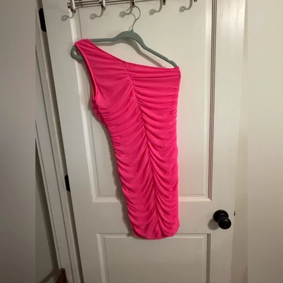 BTFBM One Shoulder Ruched Neon Pink Mini Dress - Picture 7 of 7